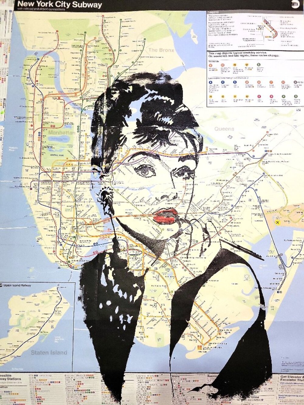 💋 Handpainted Audrey Hepburn Unique Acrylic paint Art on NYC Subway Map - Picture 3 of 4